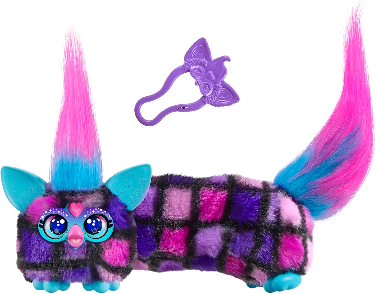 Furby DJ Furblets Dis-Co-Dazz Mini Electronic Plush Toy with Funny Stretchable Sound Effects & Music, Speaks Furbish, Pink, Purple, & Black