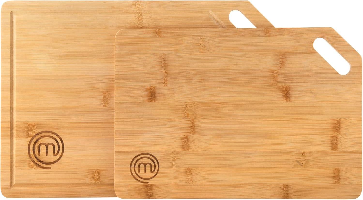 MasterChef Bamboo Chopping Board Set of 2 Wooden Cutting Boards with Corner Slots for Convenient Hanging, One Large (38.5cm x 27.5cm) & One Medium Size (34cm x 23.5cm)