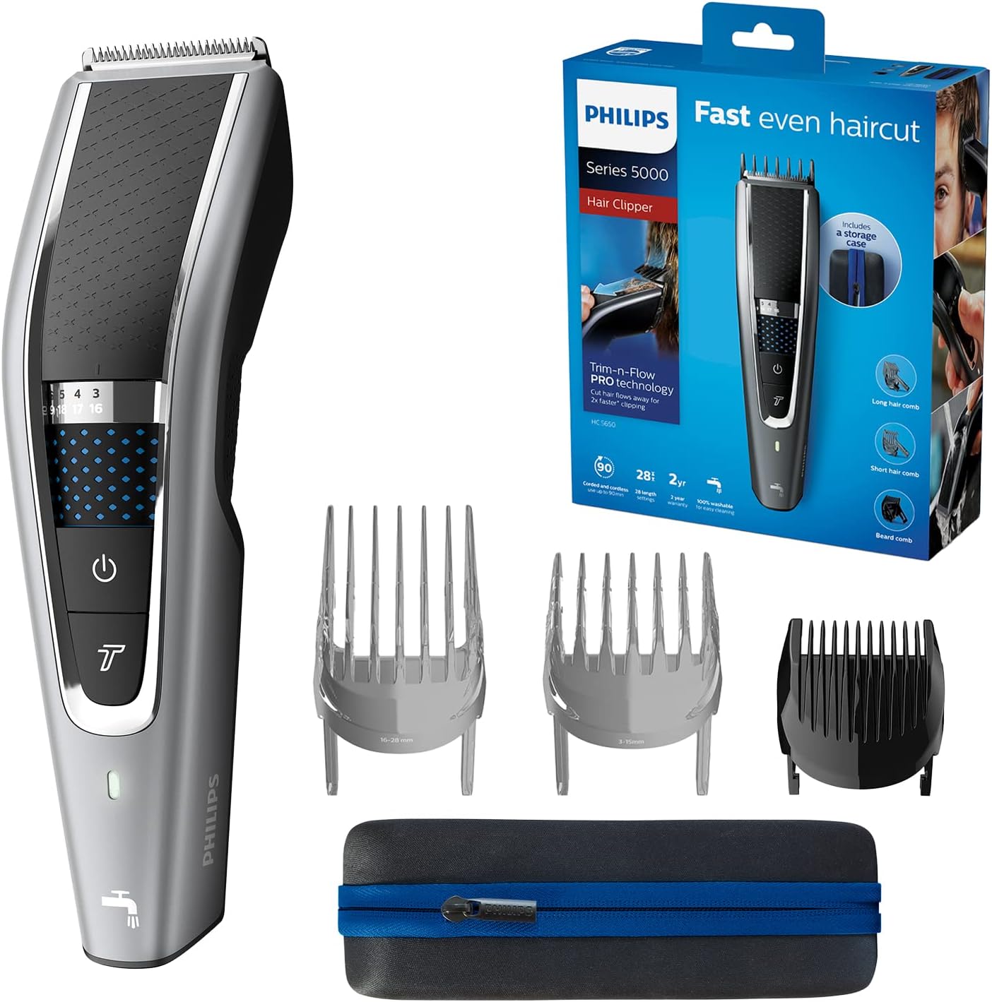 Philips Hair Clipper Series 5000, Washable Hair Clipper with Trim-n-Flow Pro Technology