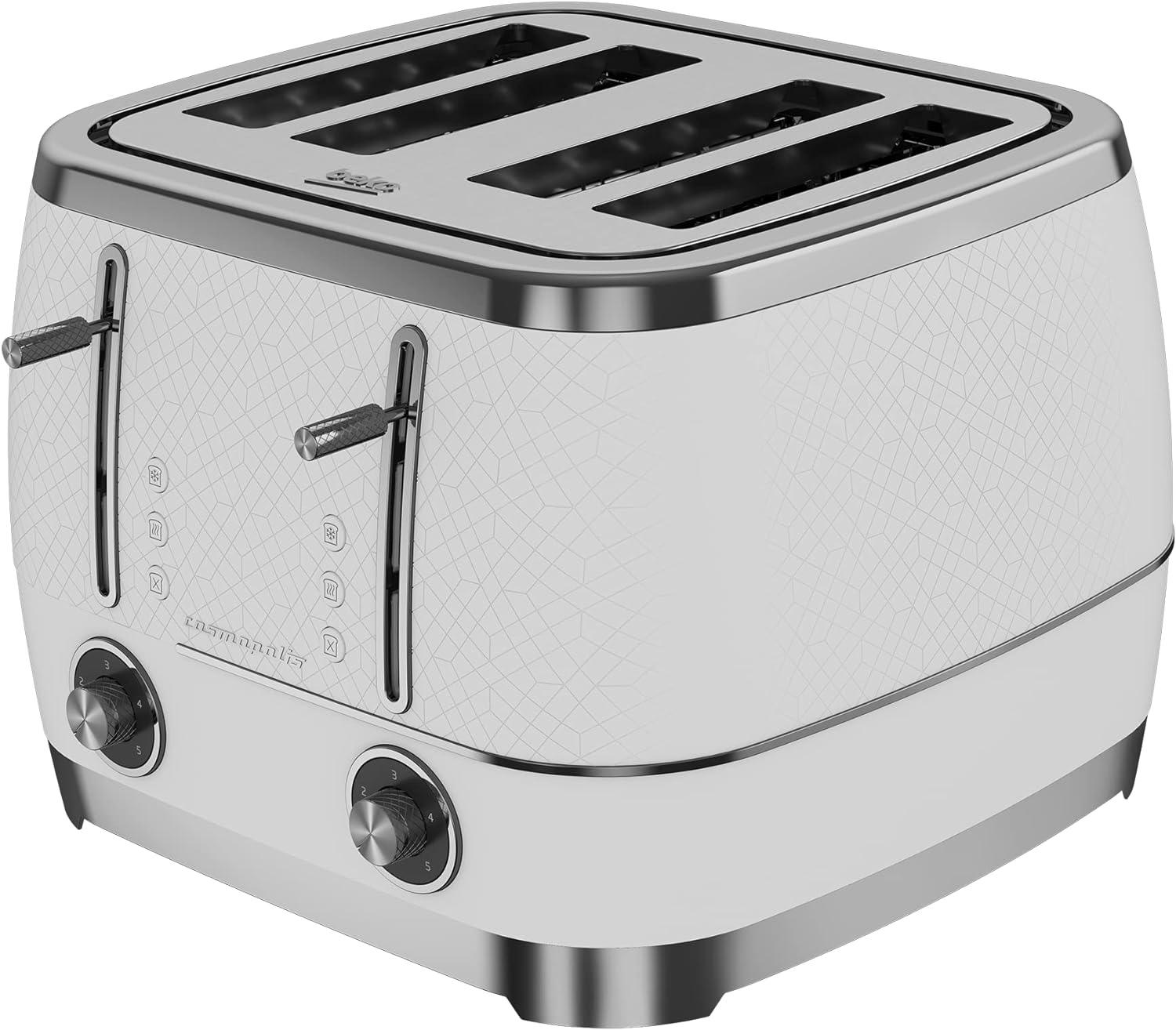 Beko Cosmopolis Toaster, Retro White Chrome Teal Design, Extra Wide Slot 4-Slice Toaster, Includes Defrost, Reheat And Cancel Functions