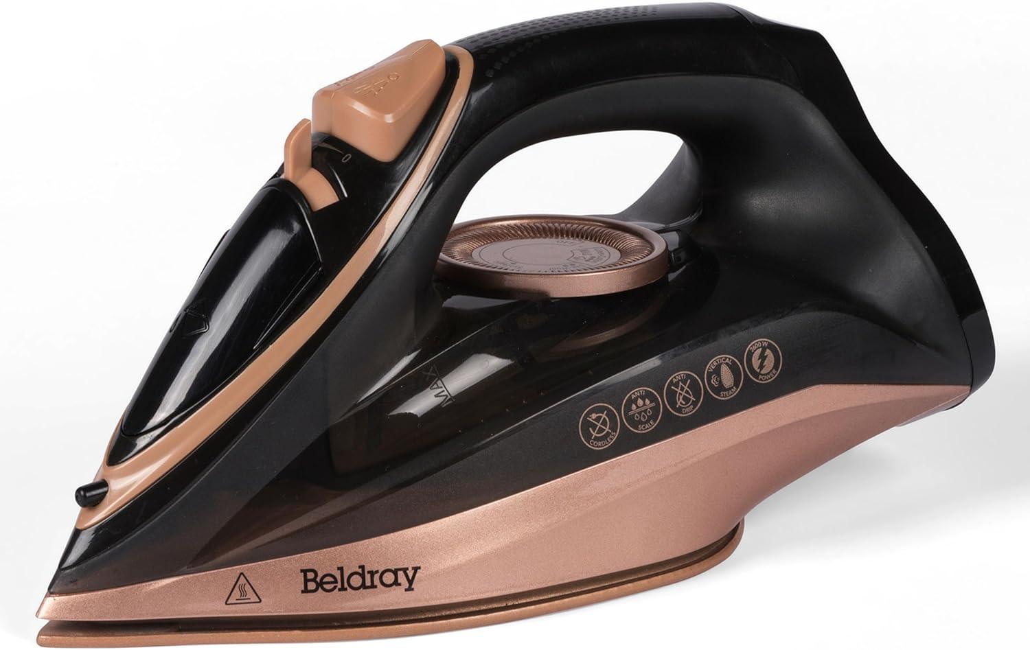 Beldray 2 in 1 Cordless Steam Iron - Use Corded or Cordless, 360° LED Charging Base, Ceramic Soleplate, Anti-Calc Function, 140g/min Steam Shot, 230ml Water Tank, 2600 W, Rose Gold