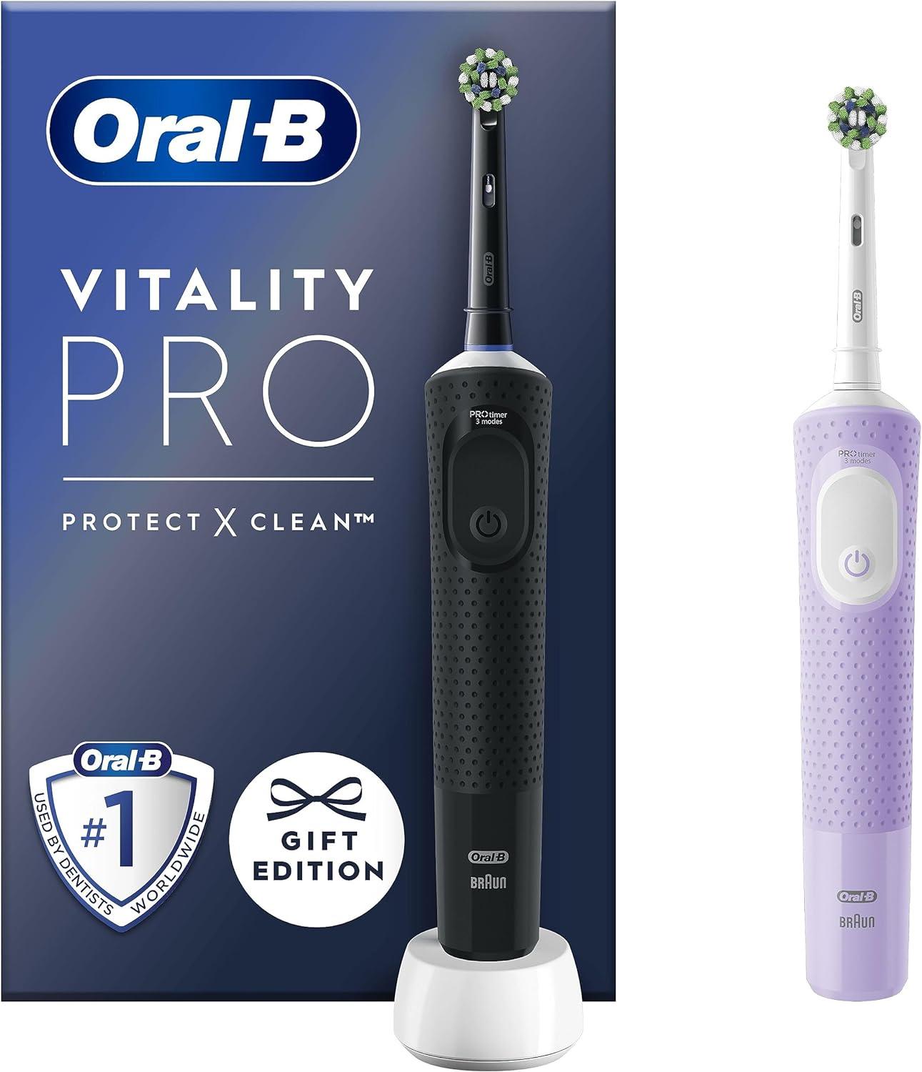 Oral-B Vitality Pro 2x Electric Toothbrushes For Adults, 2 Toothbrush Heads, 3 Brushing Modes Including Sensitive Plus, 2 Pin UK Plug, Black & Purple