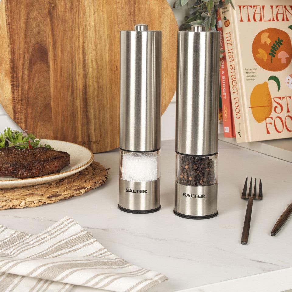 Salter Electric Salt & Pepper Mills - Stainless Steel Spice Mills, Transparent Acrylic Body, Adjustable Grind, One Touch Operation, Built in Light, Removable Base Cap, Twist Lock Base