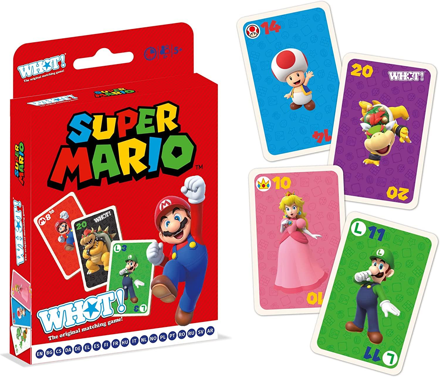 Super Mario WHOT! Card Game, Take turns matching shapes, numbers, and characters including Mario, Luigi, Yoshi, Peach and Toad, travel game