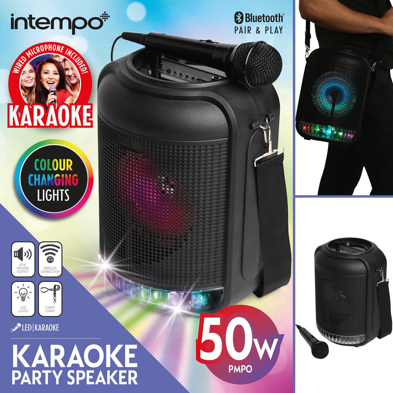 Intempo LED Party Speaker With Wired Microphone, Karaoke Machine, Rechargeable, Included Micro USB Cable, Wireless Bluetooth Connection, Colour Changing Lights, Carry Strap, 50 W