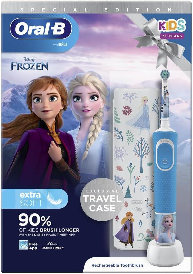 Oral-B Pro Kids Electric Toothbrush, Christmas Gifts For Kids, 1 Toothbrush Head, x4 Frozen Stickers, 1 Travel Case, 2 Modes with Kid-Friendly Sensitive Mode, For Ages 3+, 2 Pin UK Plug, Blue