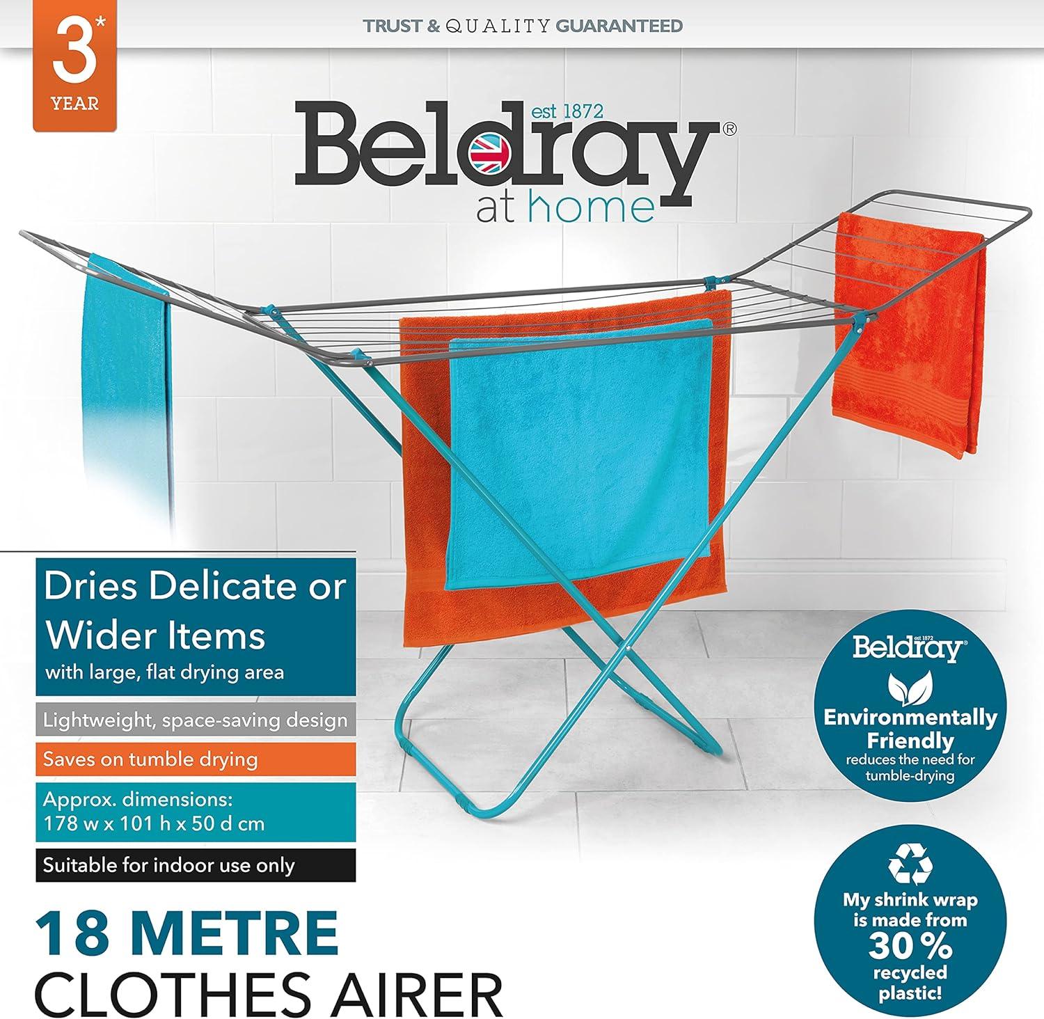 Beldray 18 Metre Airer – Winged Rack, Foldable for Easy Storage, Space-Saving Clothes Horse, Freestanding, Indoor Use Only, Naturally Dry Laundry, 178 x 101 x 50 cm, Turquoise