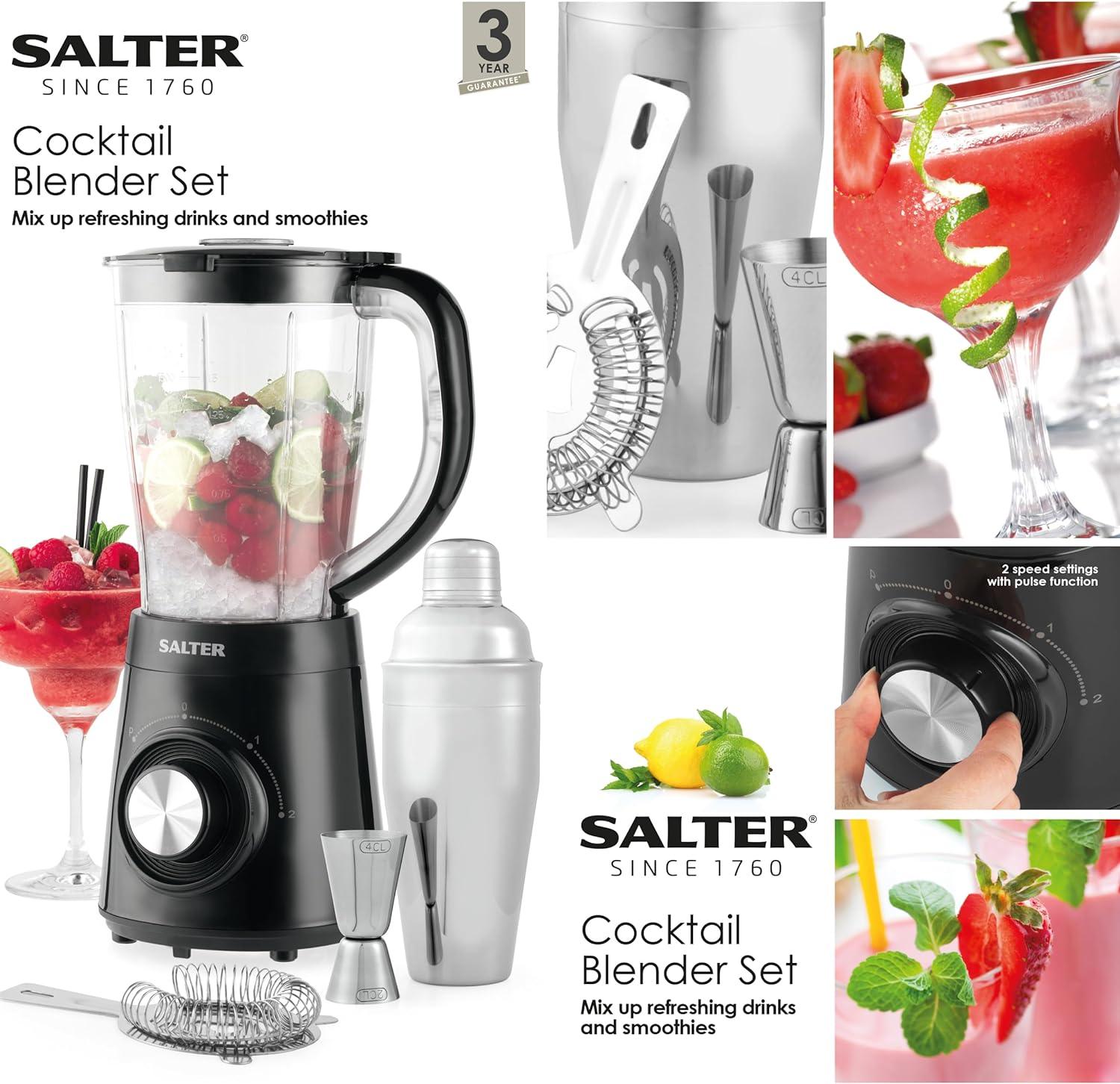 Salter Cocktail Blender Set – BPA Free 1.5L Jug Blender, Includes Cocktail Shaker & Accessories, 2 Speed Settings & Pulse, Stainless Steel Cross Blade, Locking Safety Lid, Crushes Ice, 500W