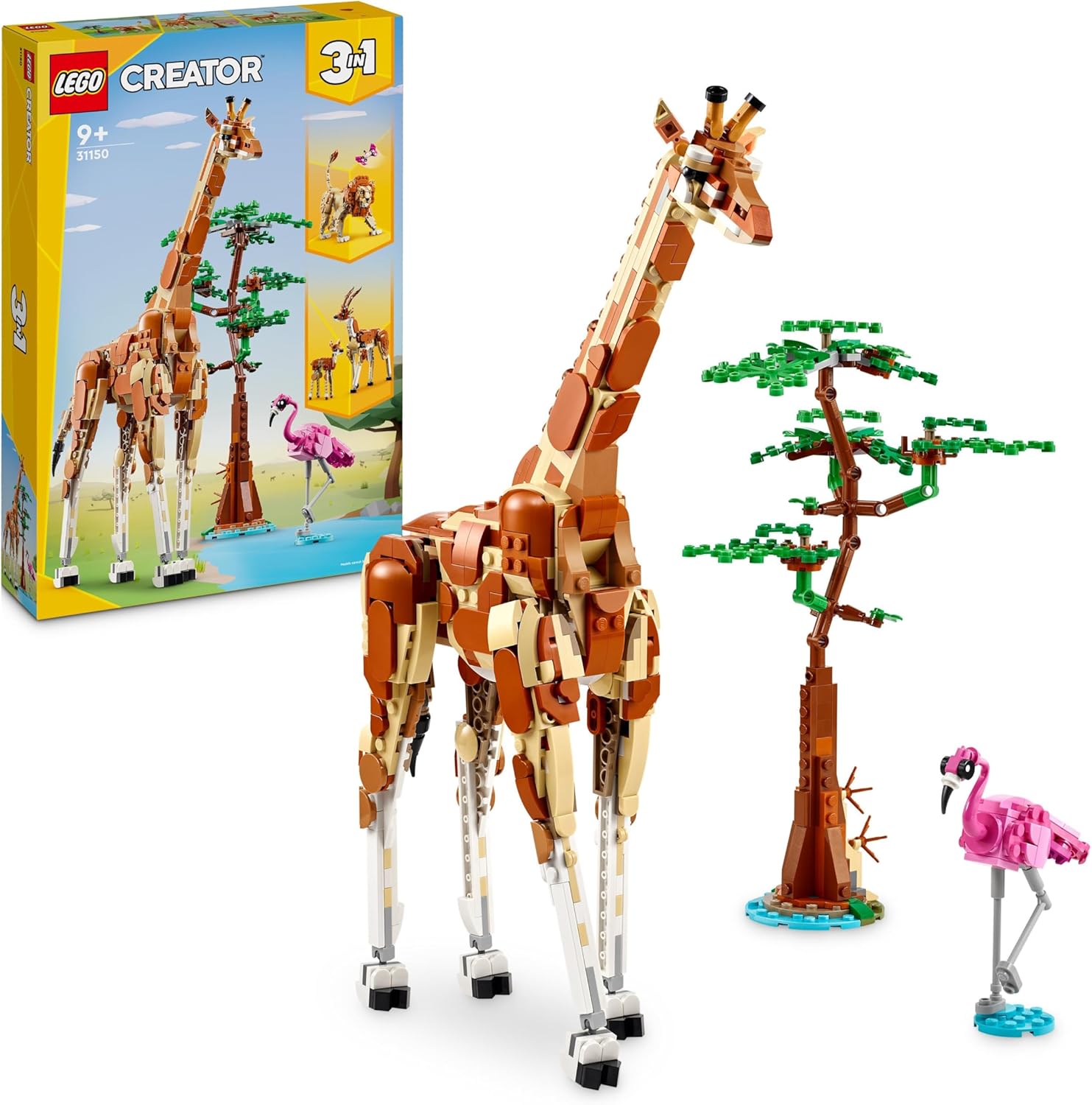 LEGO Creator 3in1 Wild Safari Animals, Giraffe Toy to Gazelle Figures to Lion Model, Includes Flamingo and Butterfly