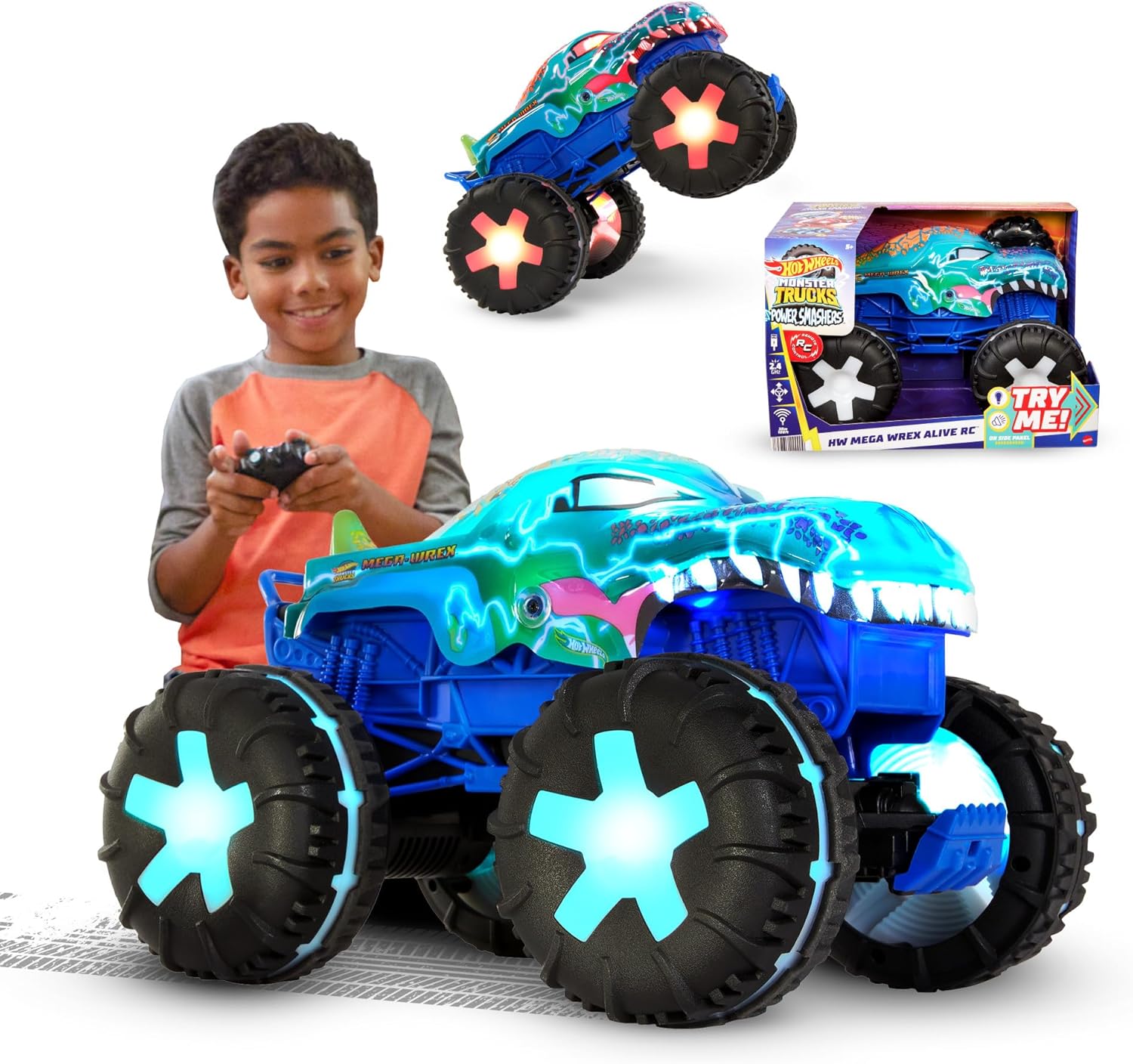 Hot Wheels Monster Trucks Remote Control Car, 1:15 Scale Mega-Wrex Alive Battery-Powered RC Vehicle with Lights & Sounds