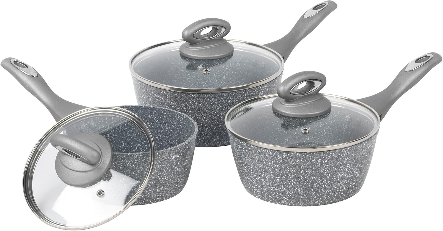 Salter Marblestone 3 Piece Saucepan Set – 16cm, 18cm, 20cm Pans, Non-Stick, Tempered Glass Lids, PFOA-Free, Corrosion Resistant Forged Aluminium, Suitable for All Hobs, Dishwasher Safe