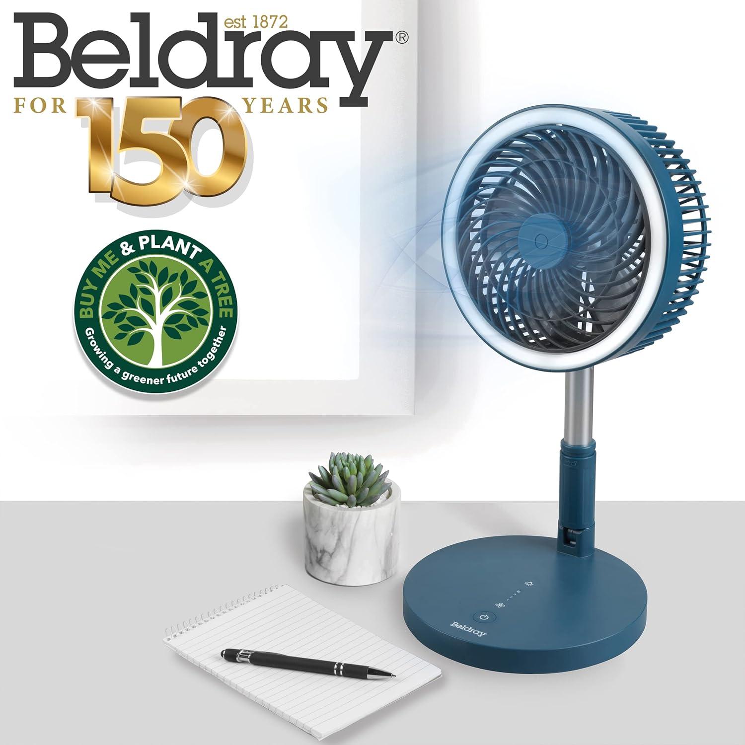 Beldray Foldaway Stand Fan - USB Rechargeable, Lightweight, Folding Portable Desk & Fan, 97cm Adjustable Height, Cordless, 3 Speed Modes, LED Ring Light, For Camping, Home, Office, Blue