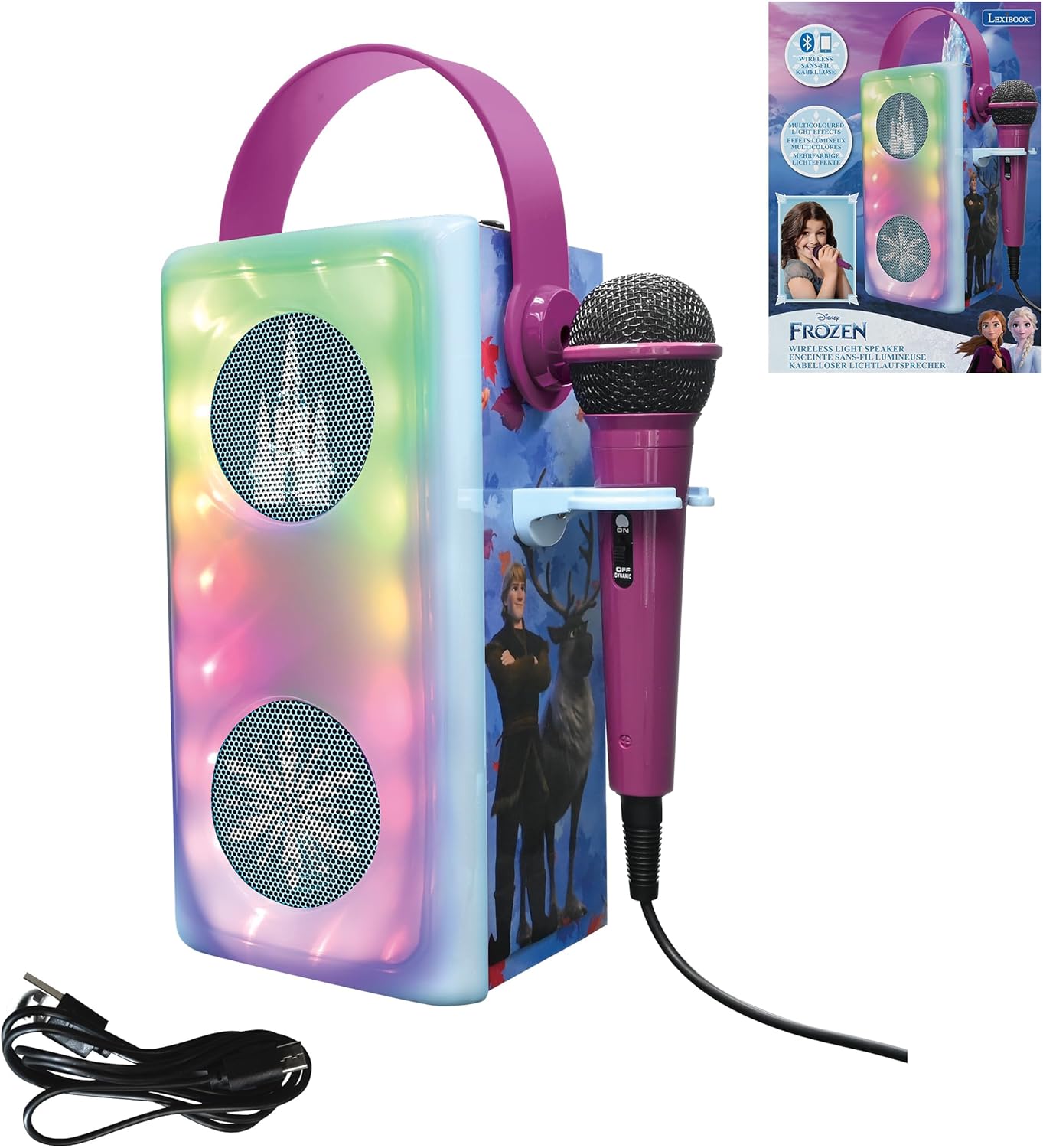 LEXIBOOK, Frozen, Wireless Bluetooth® Speaker with Microphone, Multicolor Light Effects, SD/TF Card Slot, Rechargeable Battery, Blue