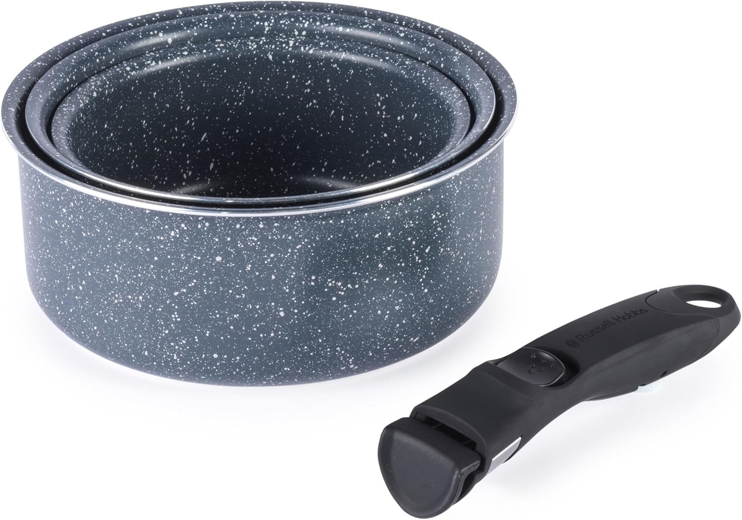 Russell Hobbs Nightfall Stone 3pc Saucepan Set – Smart Clip Non-Stick Pans, 16cm, 18cm, 20cm, Stay Cool Detachable Handle, Oven to Hob to Table Cooking, Space Saving Stackable Cookware