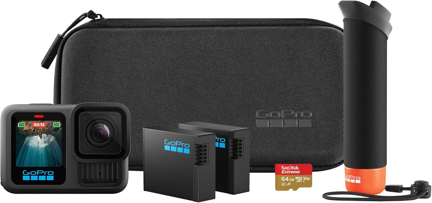 GoPro HERO13 Black - Accessory Bundle - Includes The Handler (Floating Hand Grip), 2 Enduro Batteries, 2 Curved Adhesive Mounts, 64GB SanDisk MicroSD Card, Carrying Case, and more