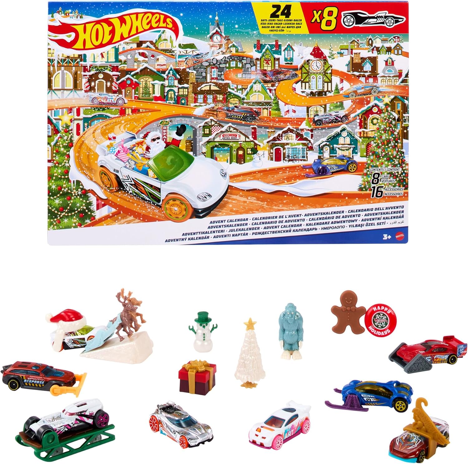 Hot Wheels Advent Calendar 8 Hot Wheels Cars and 16 Winter-Themed Accessories behind 24 Numbered Doors Plus a Playmat