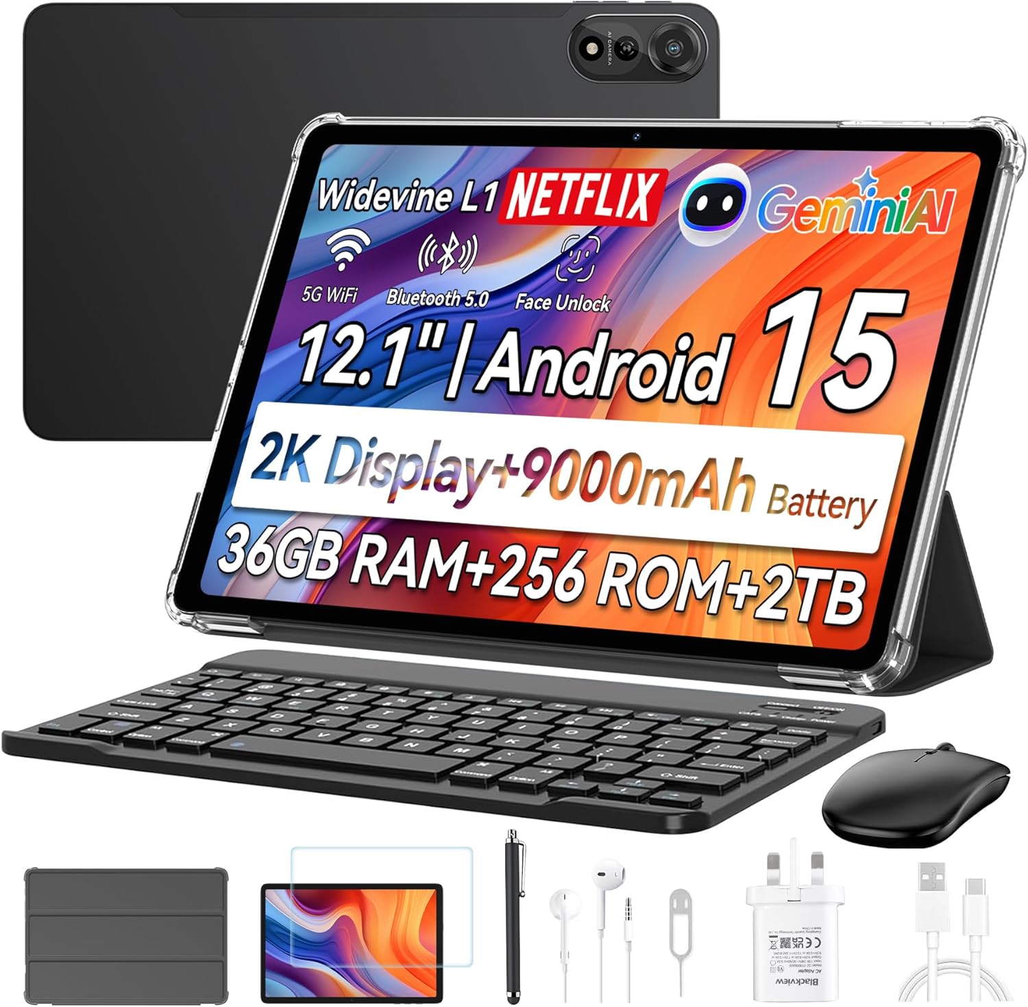Blackview 15 Mega2, 8GB + 256GB, 12 inch Android Tablet with Keyboard and Mouse, FHD+2K Display, 9000mAh, Pen &Case, Octa-core Unisoc T615, Widevine L1, Google GMS, Gray