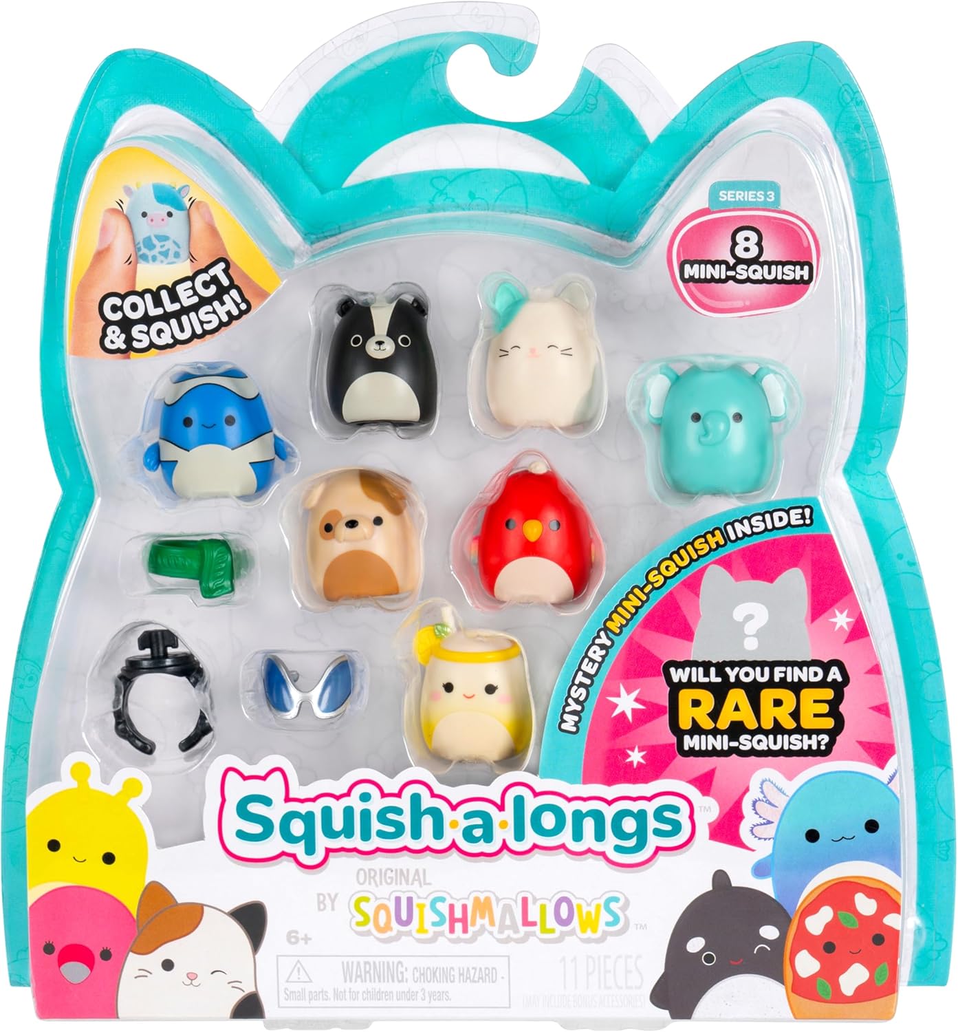 Squish-a-longs Mini-Squish 8-Pack (Wave 3, Style 4) - Clownfish, Elephant, Skunk, Brown Bulldog and more