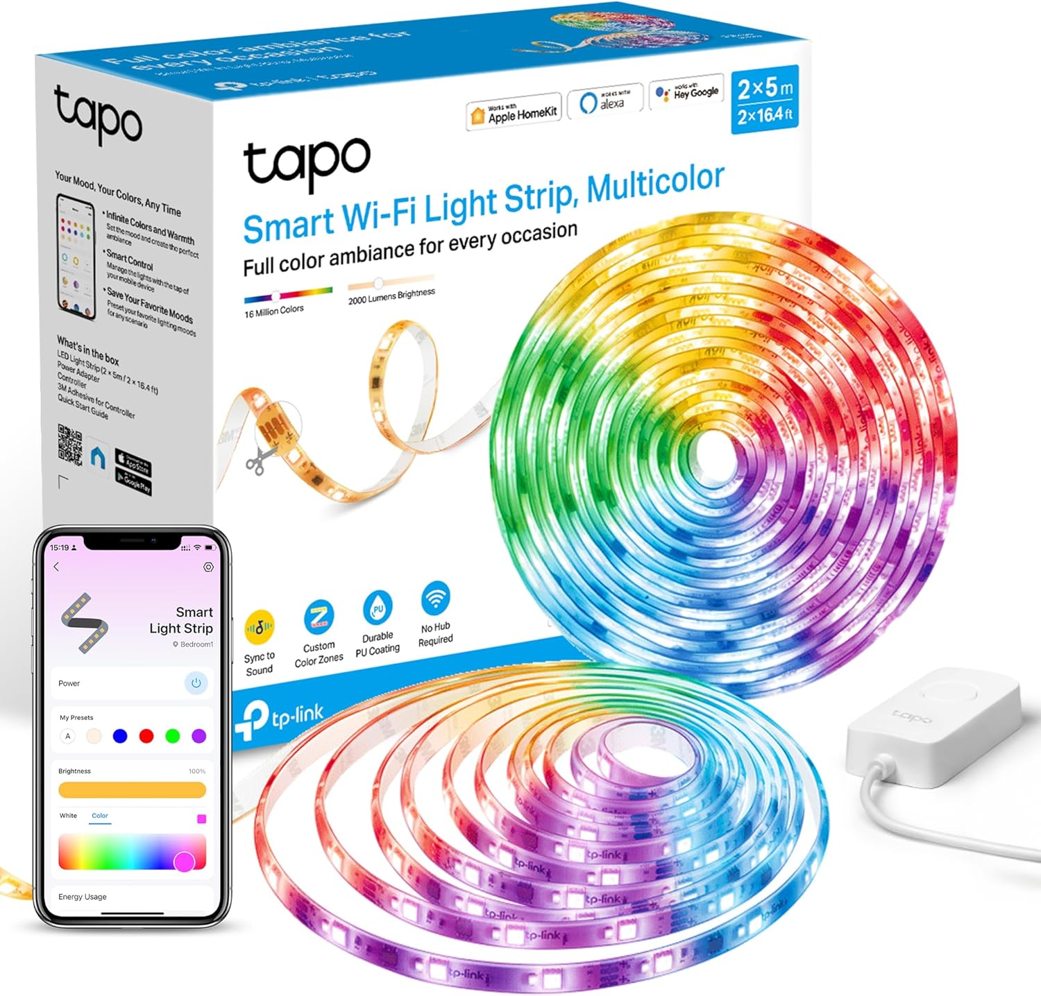 Tapo Smart LED Strip Light, 2x5m, Wi-Fi App Control RGBW Multicolour LED Light Strips, PU Coating, Works with Alexa & Apple HomeKit, Suitable for TV Kitchen DIY LED Lights for Bedroom