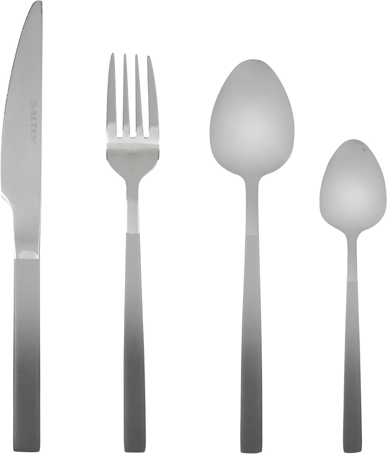 Salter 16 Piece Cutlery Set - Full Ombre Grey & Silver Plated 18/0 Stainless Steel Flatware, Lightweight, Mirror Polished Tableware Service For 4, Forks, Knives, Teaspoons & Dessertspoons