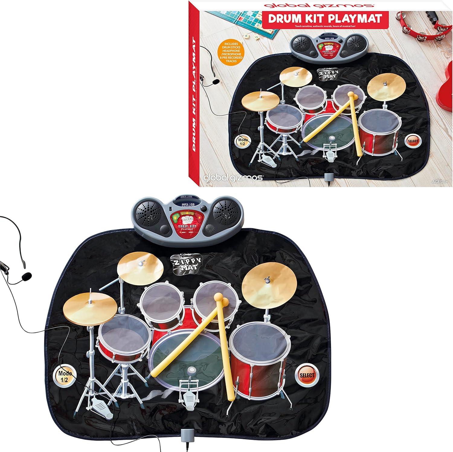 Global Gizmos Drum Kit Music Game Playmat Kids Fun, Includes Drumsticks, Interactive, Sounds
