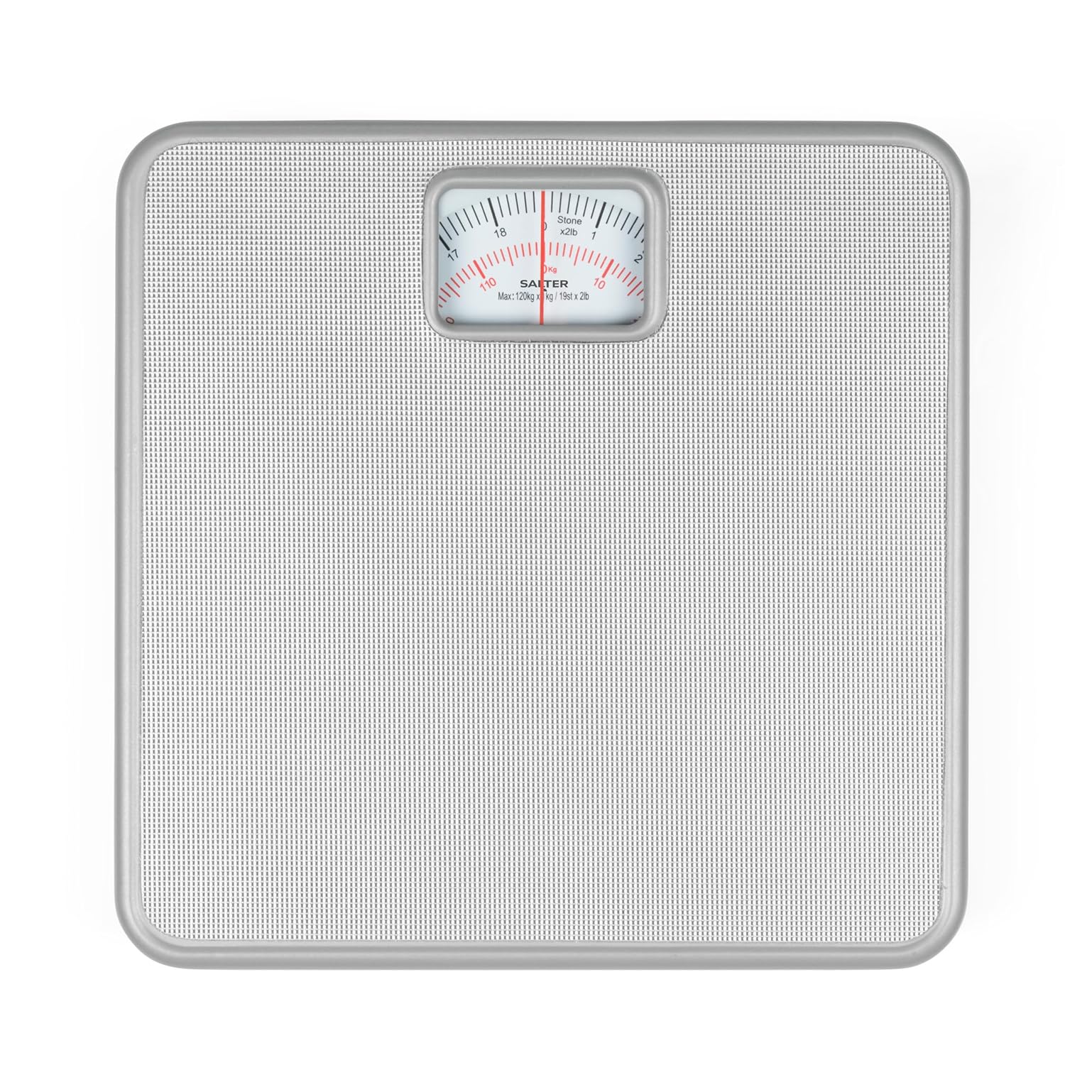 Salter Mechanical Bathroom Scale – Body Weight Scale with 120 KG Capacity, Large Platform with Non-Slip Mat, Easy to Read Rotating Dial, No Batteries Required, Weigh In kg/st/lbs, Silver