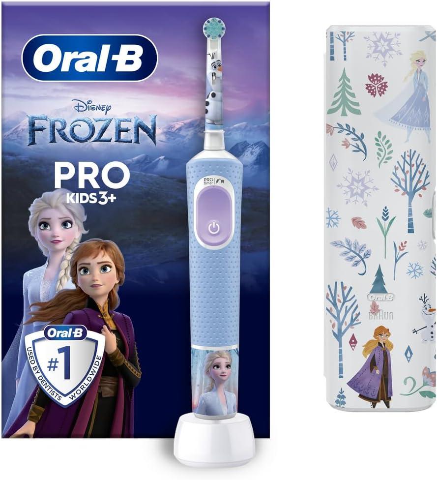 Oral-B Pro Kids Electric Toothbrush, Christmas Gifts For Kids, 1 Toothbrush Head, x4 Frozen Stickers, 1 Travel Case, 2 Modes with Kid-Friendly Sensitive Mode, For Ages 3+, 2 Pin UK Plug, Blue