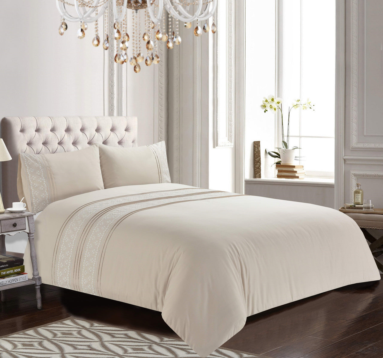 Charlotte Embroidered Floral Duvet Cover Set with Pillowcases Included Single Natural