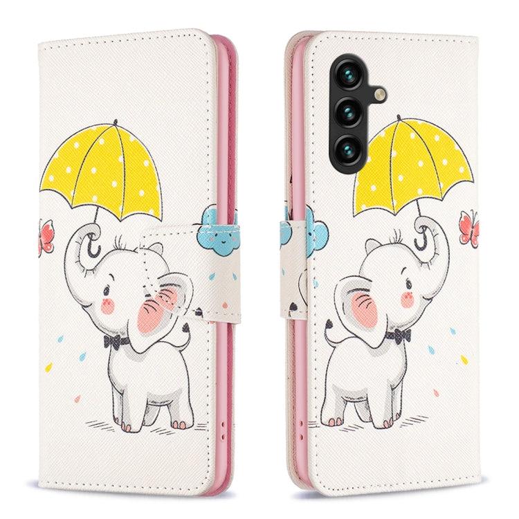 Samsung Galaxy A14 5G Colored Drawing Pattern Leather Phone Case Cover (Umbrella Elephant)
