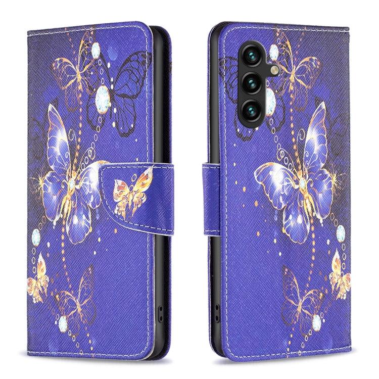 Samsung Galaxy A14 5G Colored Drawing Pattern Leather Phone Case Cover (Purple Butterfly)