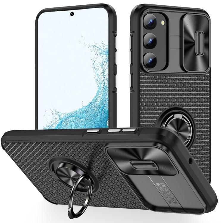 Samsung Galaxy S23+ 5G Sliding Camshield Armor Phone Case Cover with Ring Holder (Black)