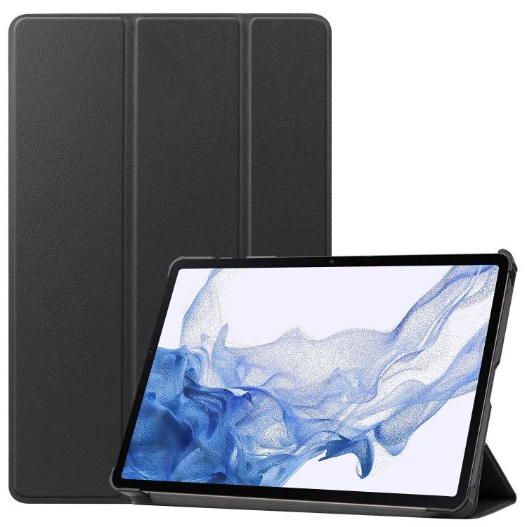 Samsung Galaxy Tab S9 Custer Pure Color 3-Fold Holder Smart Leather Tablet Case Cover (Black)
