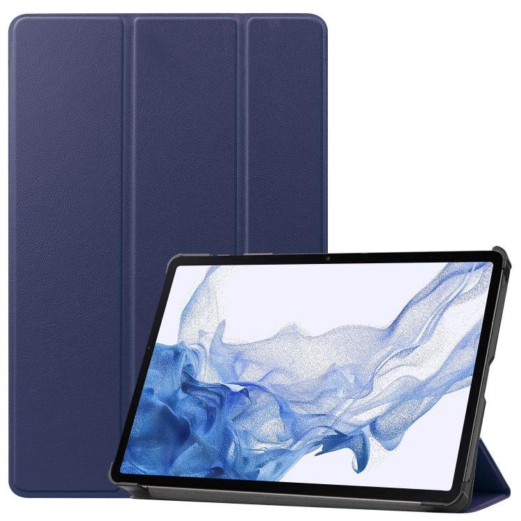 Samsung Galaxy Tab S9 Custer Pure Color 3-Fold Holder Smart Leather Tablet Case Cover (Dark Blue)