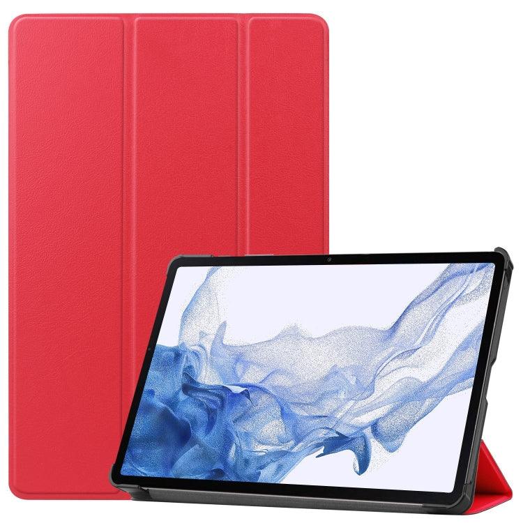 Samsung Galaxy Tab S9 Custer Pure Color 3-Fold Holder Smart Leather Tablet Case Cover (Red)