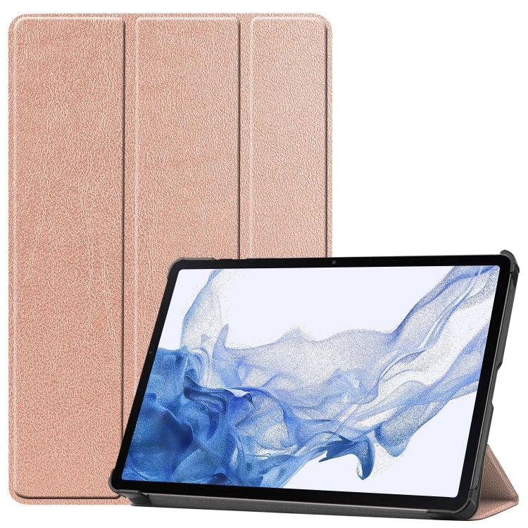 Samsung Galaxy Tab S9 Custer Pure Color 3-Fold Holder Smart Leather Tablet Case Cover (Rose Gold)