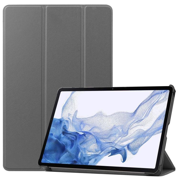 Samsung Galaxy Tab S9 Custer Pure Color 3-Fold Holder Smart Leather Tablet Case Cover (Grey)