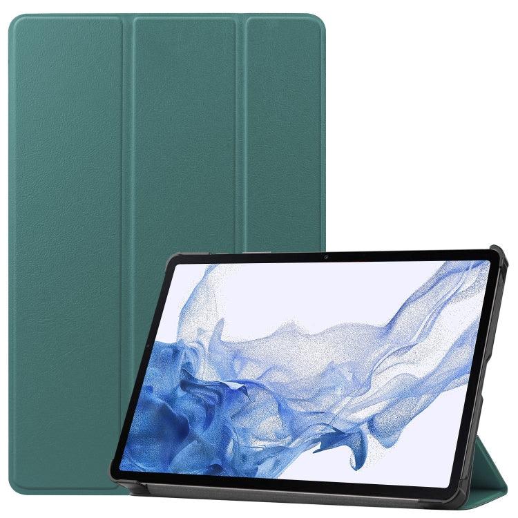 Samsung Galaxy Tab S9 Custer Pure Color 3-Fold Holder Smart Leather Tablet Case Cover (Dark Green)