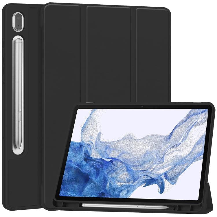 Samsung Galaxy Tab S9 3-Fold Pure Color TPU Smart Leather Tablet Case Cover with Pen Slot (Black)