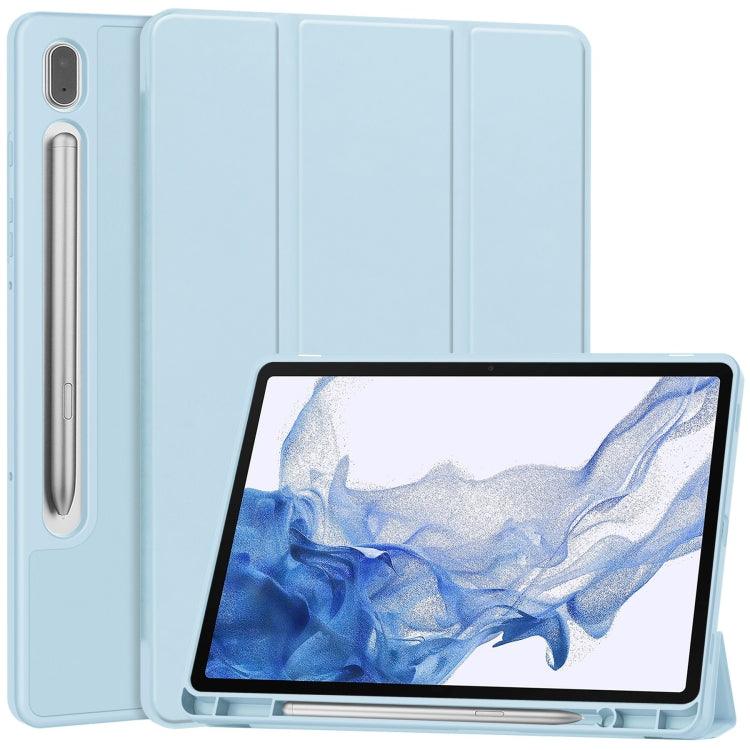 Samsung Galaxy Tab S9 3-Fold Pure Color TPU Smart Leather Tablet Case Cover with Pen Slot (Light Blue)