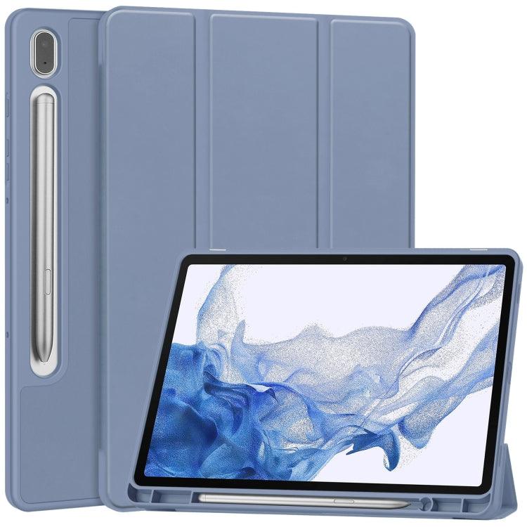 Samsung Galaxy Tab S9 3-Fold Pure Color TPU Smart Leather Tablet Case Cover with Pen Slot (Lavender)