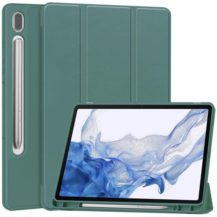 Samsung Galaxy Tab S9 3-Fold Pure Color TPU Smart Leather Tablet Case Cover with Pen Slot (Dark Green)