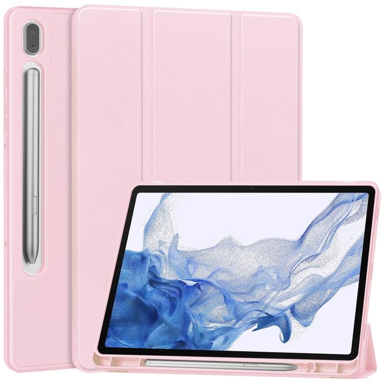 Samsung Galaxy Tab S9 3-Fold Pure Color TPU Smart Leather Tablet Case Cover with Pen Slot (Pink)