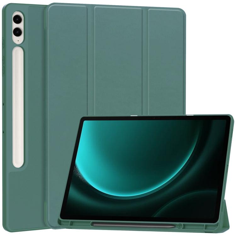 Samsung Galaxy Tab S9 FE+ 3-Fold Pure Color TPU Smart Leather Tablet Case Cover with Pen Slot (Dark Green)