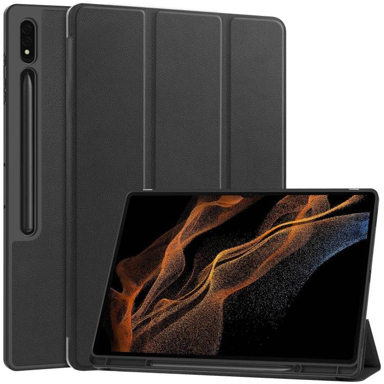 Samsung Galaxy Tab S9 Ultra 3-Fold Pure Color TPU Smart Leather Tablet Case Cover with Pen Slot (Black)