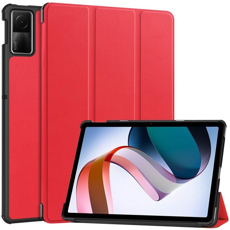 Xiaomi Redmi Pad SE Custer Pure Color 3-Fold Holder Leather Tablet Case (Red)