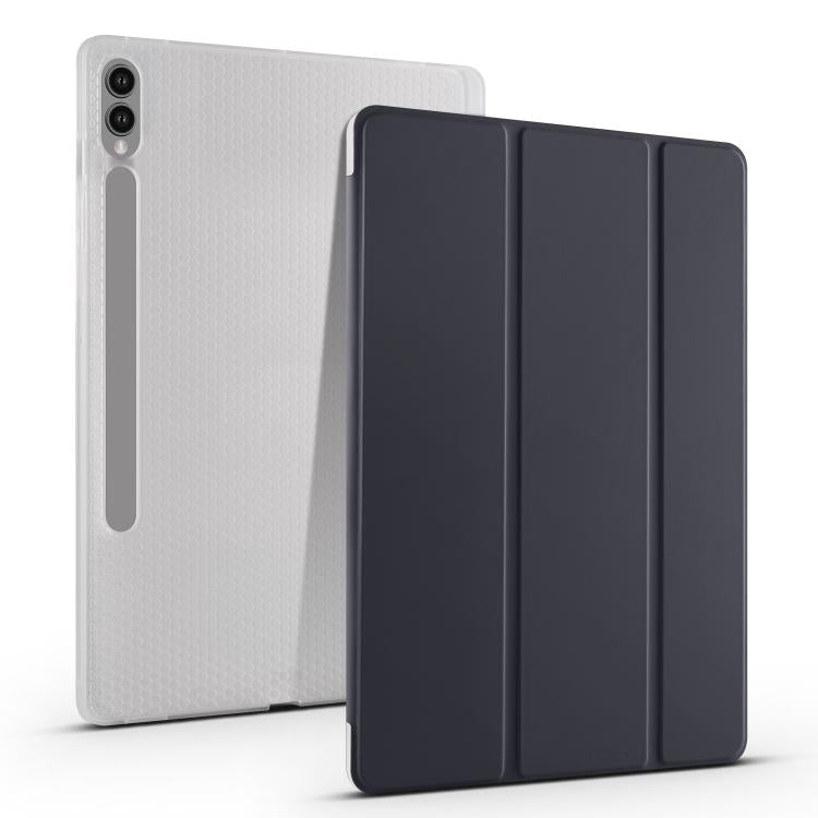 Samsung Galaxy Tab S10 FE / S9 3-folding Transparent Smart Leather Tablet Case Cover with Pen Slot - Black