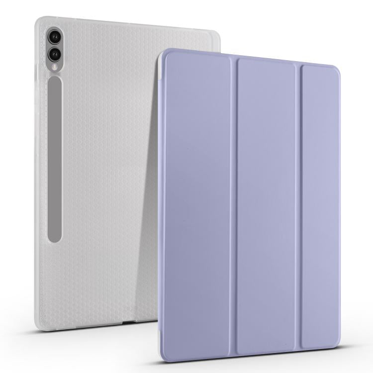 Samsung Galaxy Tab S10 FE / S9 3-Folding Transparent Smart Leather Tablet Case Cover with Pen Slot - Lavender