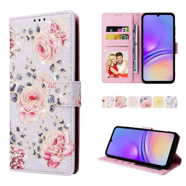 Samsung Galaxy A05 Bronzing Painting RFID Leather Case Cover (Pastoral Rose)