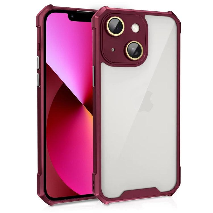 Apple iPhone 13 Shockproof Acrylic Phone Case Cover with Lens Glass Film (Wine Red)