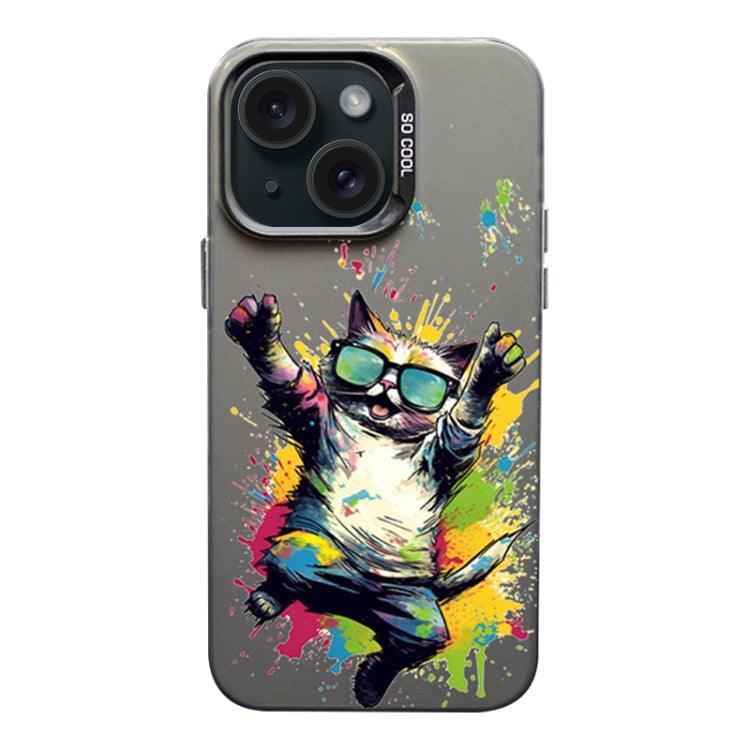 Apple iPhone 15 Color Ink Frosted PC+TPU Phone Case Cover (Glasses Cat)